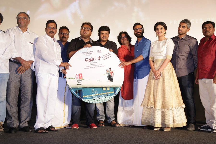 Keerthy Suresh, Kalaipulli S.Dhanu, D.Imman, Dhanush at Thodari Audio Launch