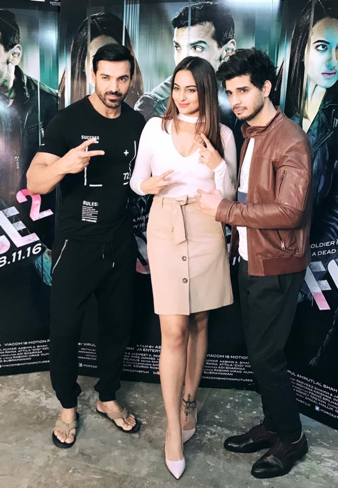 John Abraham, Sonakshi Sinha and Tahir Bhasin during force 2 promotion