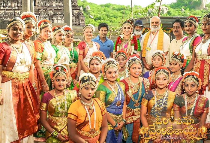 Anushka Shetty, Director K. Raghavendra Rao on the sets of Om Namo Venkatesaya