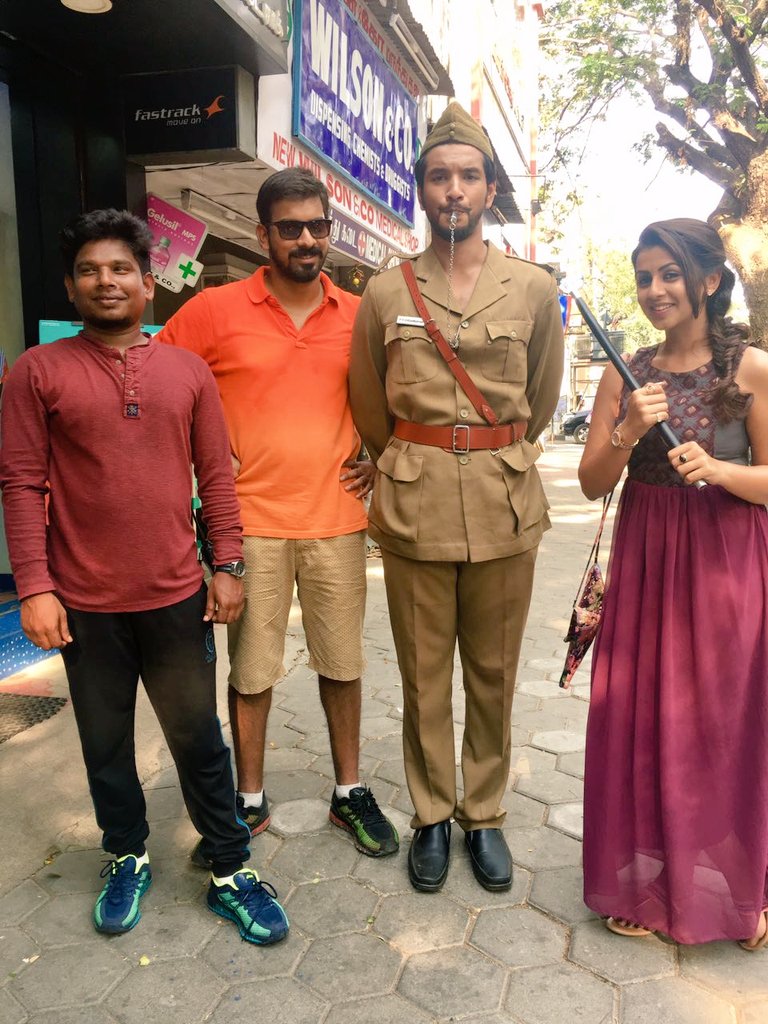 Gautham Karthik, Nikki Galrani, cinematographer Selvakumar SK and director Santhosh P Jayakumar on the sets of Hara Hara Mahadevaki