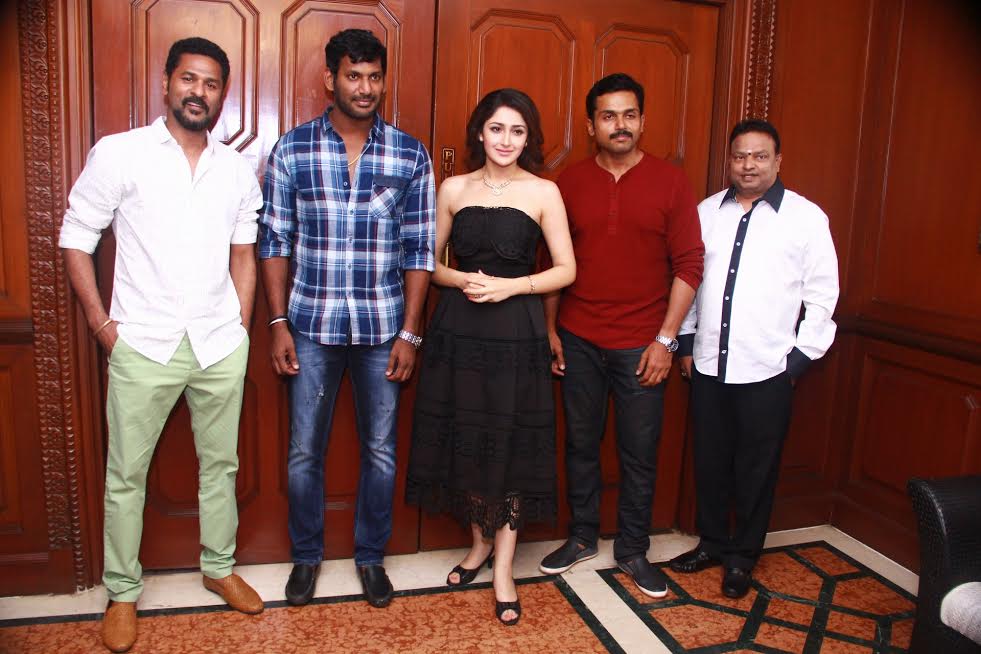 Karuppu Raja Vella Raja Movie Launch Stills | Karthi, Vishal, Sayesha Saigal, Director Prabhu Deva, Producer K Ganesh